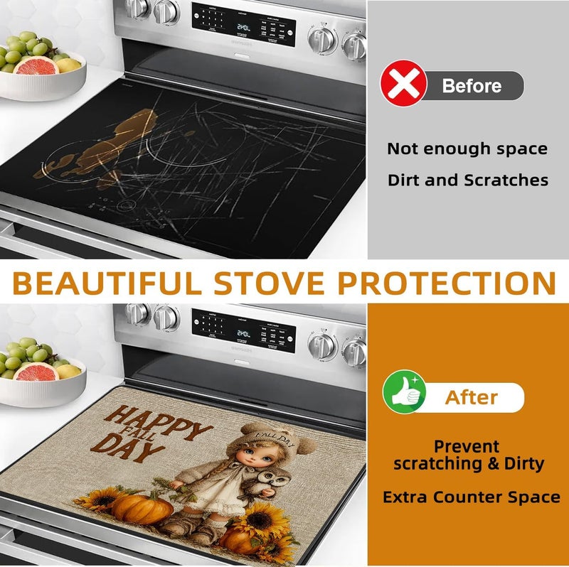 WRTCPOC Fall Pumpkin Electric Stove Top Cover, Cute Doll & Owl Heat Resistant Glass Stove Top Cover for Electric Stove – Thanksgiving Day Glass Cooktop Protector Expands Usable Space - Image 5